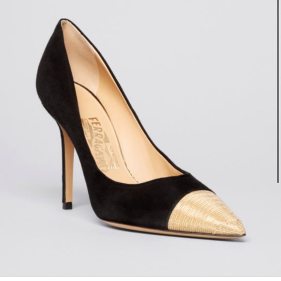 Salvatore Ferragamo Black with Gold Toe More Suede Chain Cap-toe Pumps